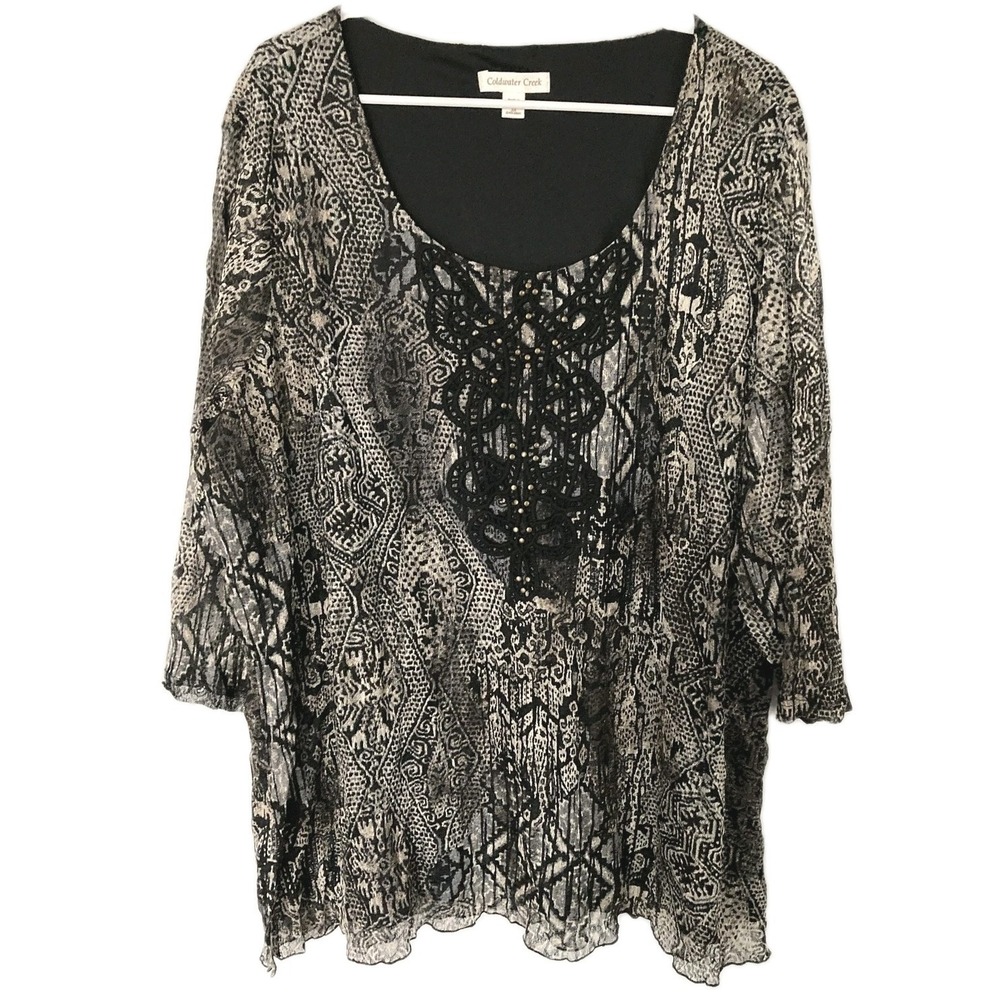 Coldwater Creek Tunic Top Women 3X Blk Embroidered Soutache Print Knit Scoop NWT